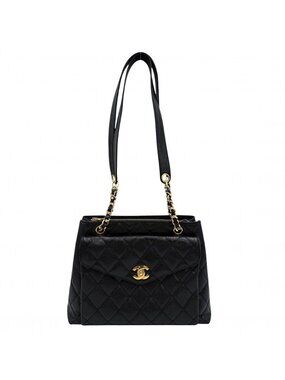 Chanel Shoulder Bag CC Logo Quilted Full Flap Bag Caviar Leather Black Gold